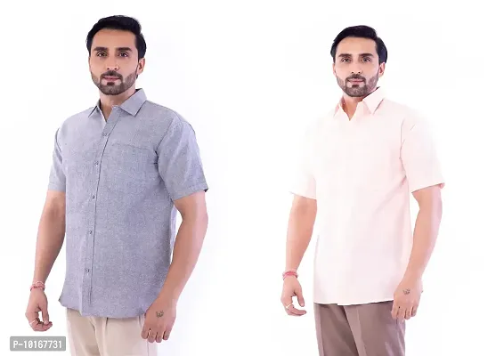 DESHBANDHU DBK Men's Cotton Solid Regular Fit Half Sleeve Combo Shirts (Pack of 2) (42, Grey_Peach)-thumb2