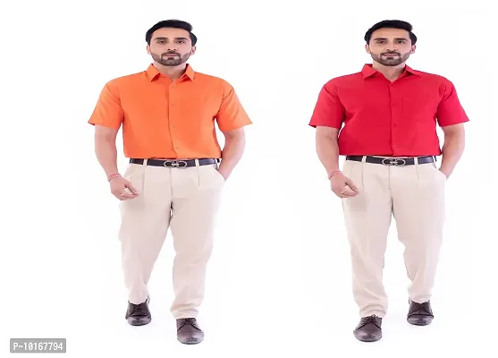 DESHBANDHU DBK Men's Plain Solid Cotton Regular Fit Half Sleeves Formal Shirt's Combo (Pack of 2) (42, Orange-RED)-thumb0