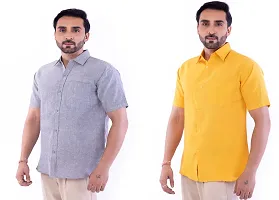 DESHBANDHU DBK Men's Cotton Solid Regular Fit Half Sleeve Combo Shirts (Pack of 2) (40, Grey_Mustard)-thumb2