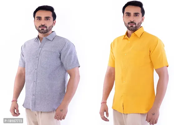 DESHBANDHU DBK Men's Cotton Solid Regular Fit Half Sleeve Combo Shirts (Pack of 2) (40, Grey_Mustard)-thumb3