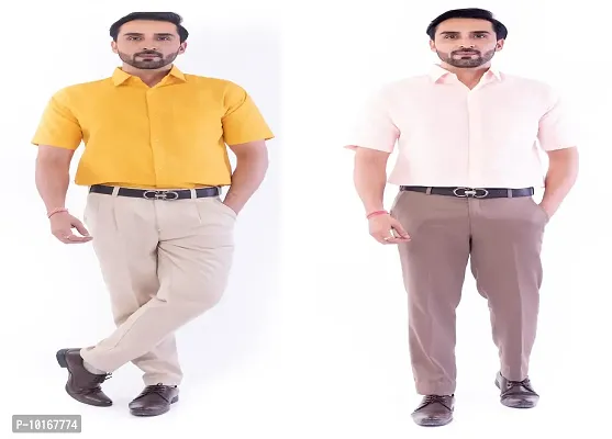 DESHBANDHU DBK Men's Plain Solid Cotton Half Sleeves Regular Fit Formal Shirt's Combo (Pack of 2) (44, Mustard_Peach)