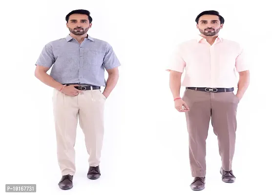 DESHBANDHU DBK Men's Cotton Solid Regular Fit Half Sleeve Combo Shirts (Pack of 2) (42, Grey_Peach)-thumb0