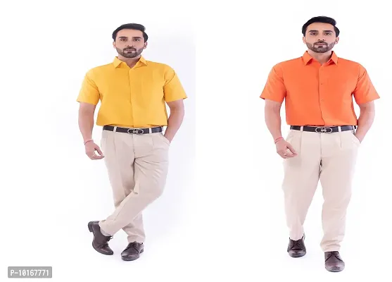 DESHBANDHU DBK Men's Plain Solid Cotton Half Sleeves Regular Fit Formal Shirt's Combo (Pack of 2) (42, Mustard_Orange)
