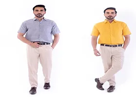 DESHBANDHU DBK Men's Cotton Solid Regular Fit Half Sleeve Combo Shirts (Pack of 2) (40, Grey_Mustard)-thumb1