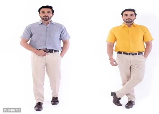 DESHBANDHU DBK Men's Cotton Solid Regular Fit Half Sleeve Combo Shirts (Pack of 2) (40, Grey_Mustard)-thumb2