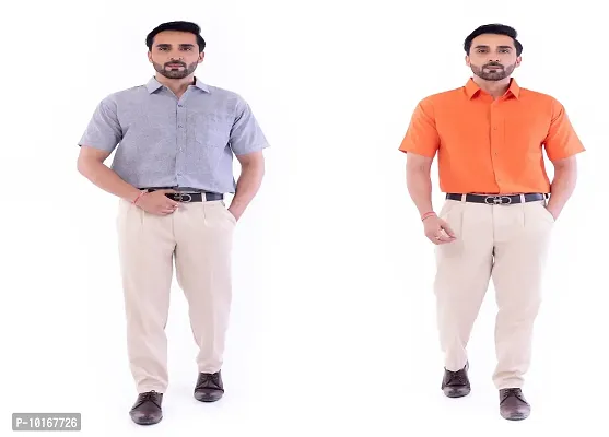 DESHBANDHU DBK Men's Cotton Solid Regular Fit Half Sleeve Combo Shirts (Pack of 2) (44, Grey_Orange)-thumb0