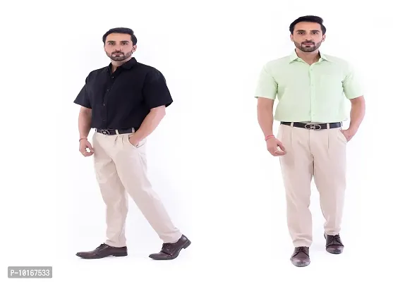 DESHBANDHU DBK Men's Plain Solid 100% Cotton Half Sleeves Regular Fit Formal Shirt's Combo (Pack of 2) (44, Black - Parrot)