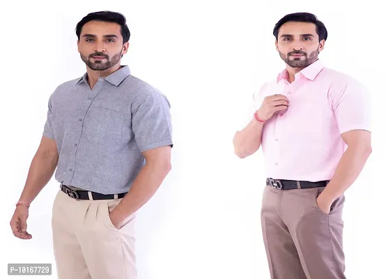 DESHBANDHU DBK Men's Cotton Solid Regular Fit Half Sleeve Combo Shirts (Pack of 2) (44, Grey_Pink)-thumb3
