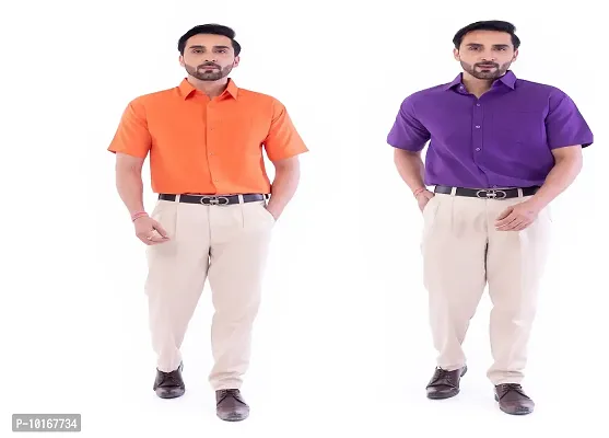 DESHBANDHU DBK Men's Plain Solid Cotton Regular Fit Half Sleeves Formal Shirt's Combo (Pack of 2) (40, Orange-Purple)-thumb0