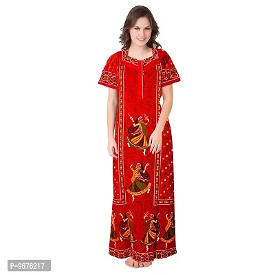 Women's Cotton Leaves Printed Cotton Nightwear Nighty| Women's (Red, Cotton)