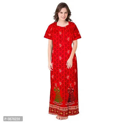 Women's Cotton Leaves Printed Cotton Nightwear Nighty| Women's (Red1, Cotton)