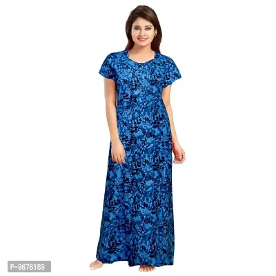 Women's Cotton Leaves Printed Cotton Nightwear Nighty| Women's Night Wear Maxi (Blue, Cotton)-thumb0