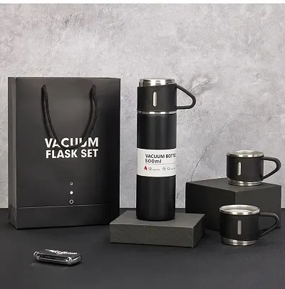 Vacuum Flask Set with 3 Stainless Steel Cups Combo