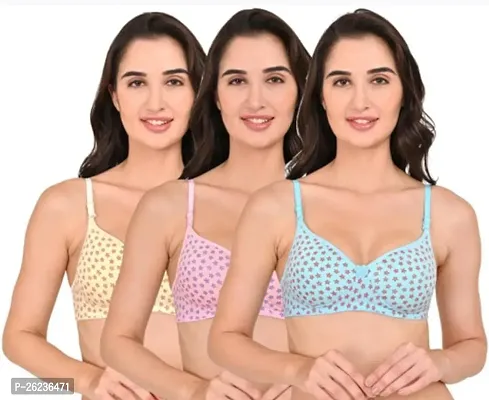 Stylish Cotton Blend Solid Bras For Women, Pack Of 3-thumb0