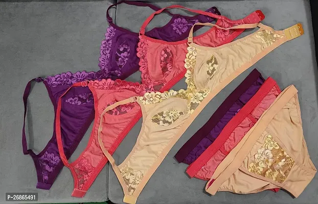 Women's Multicolor Lingerie Set (Pack of 3 Non Padded Bra And 3 Panties)