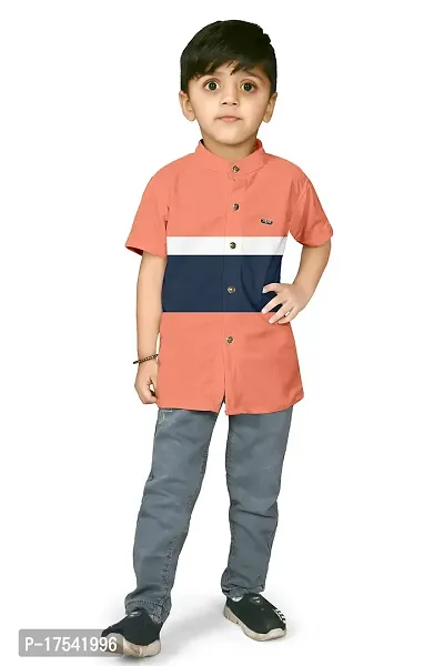 AJ BROTHERS Kids Cotton Blend Mandarin Neck Short Sleeve Regular Fit Casual Western Matty Polo 3Patta Fancy Shirt for Boys (Peach) (11-12 Years)-thumb0