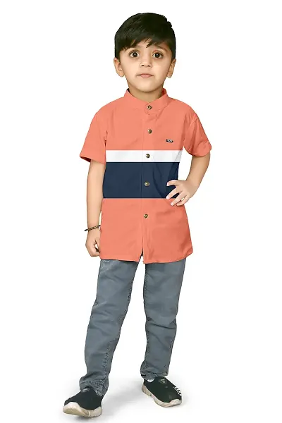 AJ BROTHERS Kids Cotton Blend Mandarin Neck Short Sleeve Regular Fit Casual Western Matty Polo 3Patta Fancy Shirt for Boys