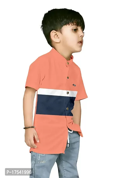 AJ BROTHERS Kids Cotton Blend Mandarin Neck Short Sleeve Regular Fit Casual Western Matty Polo 3Patta Fancy Shirt for Boys (Peach) (11-12 Years)-thumb3