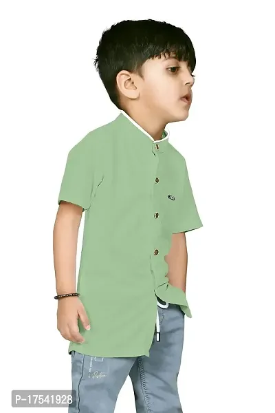 AJ BROTHERS Kids Cotton Blend Mandarin Neck Short Sleeve Regular Fit Casual Western Matty Polo Plan Fancy Shirt for Boys (Pista) (9-10 Years)-thumb3