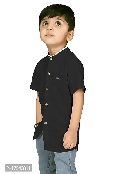 AJ BROTHERS Kids Cotton Blend Mandarin Neck Short Sleeve Regular Fit Casual Western Matty Polo Plan Fancy Shirt for Boys (Black) (7-8 Years)-thumb2