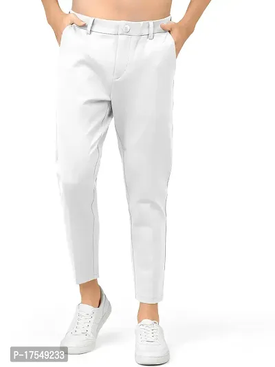 AJ BROTHERS Men's Slim Fit Track Pants Lycra Stretchable Regular Button Boot Cut/Bell Bottom Pant Lower Trousers (White ) Size:-30
