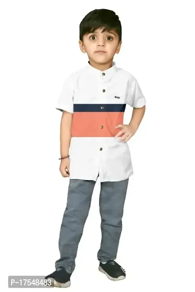 AJ BROTHERS Kids Cotton Blend Mandarin Neck Short Sleeve Regular Fit Casual Western Matty Polo 3Patta Fancy Shirt for Boys (White) (11-12 Years)