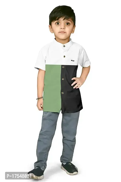 AJ BROTHERS Kids Cotton Blend Mandarin Neck Short Sleeve Regular Fit Casual Western Matty Polo 3Squre Fancy Shirt for Boys (White) (2-3 Years)