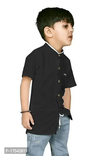 AJ BROTHERS Kids Cotton Blend Mandarin Neck Short Sleeve Regular Fit Casual Western Matty Polo Plan Fancy Shirt for Boys (Black) (7-8 Years)-thumb3