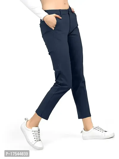AJ BROTHERS Women's Slim Fit Track Pants Lycra Stretchable Regular Button Boot Cut/Bell Bottom Pant Lower Trousers (Navy Blue) Size:-30-thumb3