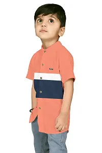 AJ BROTHERS Kids Cotton Blend Mandarin Neck Short Sleeve Regular Fit Casual Western Matty Polo 3Patta Fancy Shirt for Boys (Peach) (11-12 Years)-thumb1