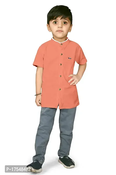 AJ BROTHERS Kids Cotton Blend Mandarin Neck Short Sleeve Regular Fit Casual Western Matty Polo Plan Fancy Shirt for Boys (Peach) (2-3 Years)-thumb0
