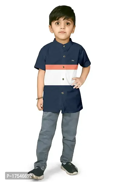 AJ BROTHERS Kids Cotton Blend Mandarin Neck Short Sleeve Regular Fit Casual Western Matty Polo 3Patta Fancy Shirt for Boys (Blue) (3-4 Years)