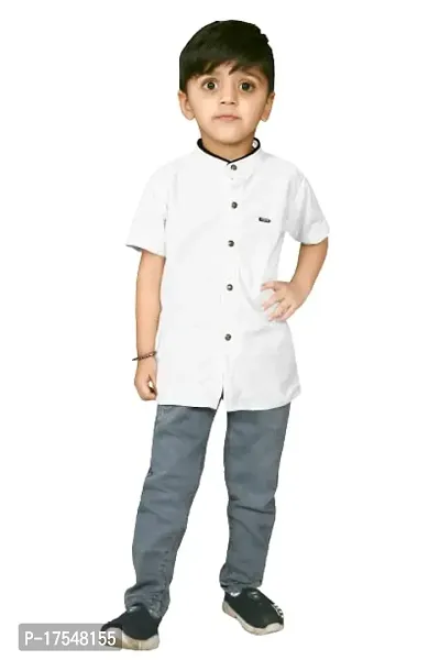 AJ BROTHERS Kids Cotton Blend Mandarin Neck Short Sleeve Regular Fit Casual Western Matty Polo Plan Fancy Shirt for Boys (White) (6-7 Years)