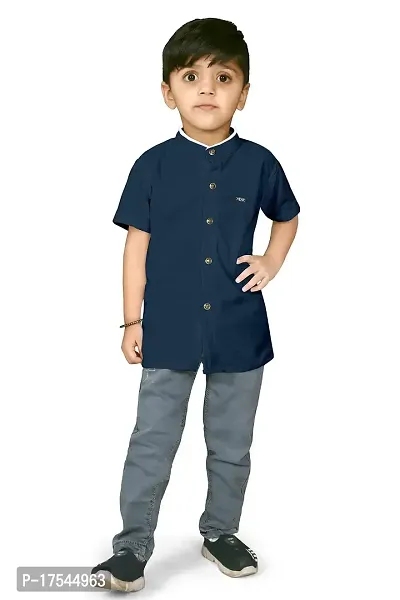 AJ BROTHERS Kids Cotton Blend Mandarin Neck Short Sleeve Regular Fit Casual Western Matty Polo Plan Fancy Shirt for Boys (Blue) (4-5 Years)