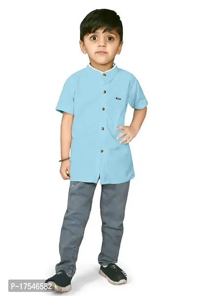 AJ BROTHERS Kids Cotton Blend Mandarin Neck Short Sleeve Regular Fit Casual Western Matty Polo Plan Fancy Shirt for Boys (Sky Blue) (4-5 Years)