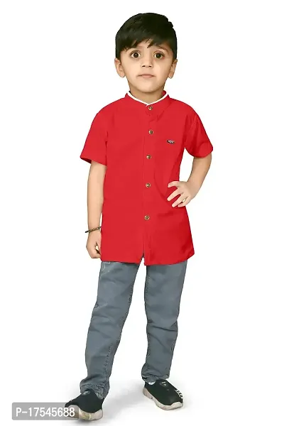 AJ BROTHERS Kids Cotton Blend Mandarin Neck Short Sleeve Regular Fit Casual Western Matty Polo Plan Fancy Shirt for Boys (Red) (6-7 Years)-thumb0