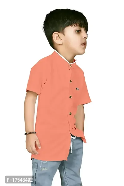 AJ BROTHERS Kids Cotton Blend Mandarin Neck Short Sleeve Regular Fit Casual Western Matty Polo Plan Fancy Shirt for Boys (Peach) (2-3 Years)-thumb4