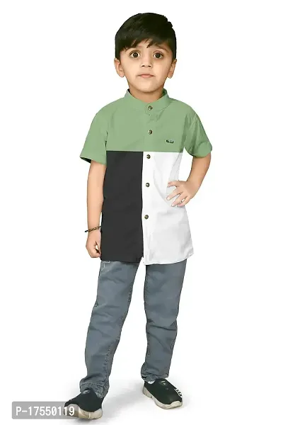 AJ BROTHERS Kids Cotton Blend Mandarin Neck Short Sleeve Regular Fit Casual Western Matty Polo 3Squre Fancy Shirt for Boys (Pista) (4-5 Years)