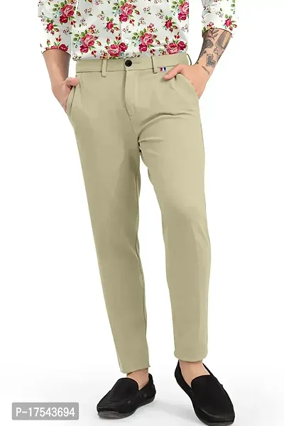 AJ BROTHERS Men's Slim Fit Track Pants Lycra Stretchable Regular Button Boot Cut/Bell Bottom Pant Lower Trousers (Cream) Size:-30-thumb3