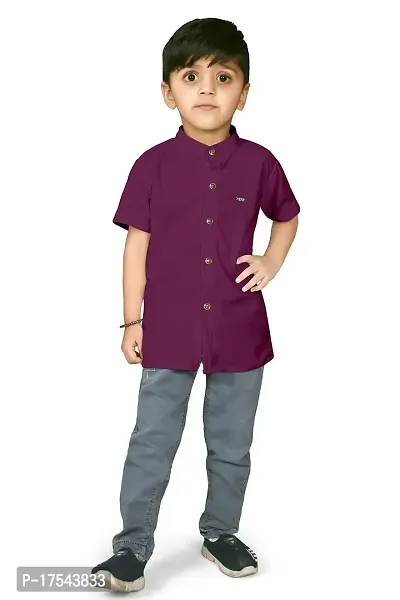 AJ BROTHERS Kids Cotton Blend Mandarin Neck Short Sleeve Regular Fit Casual Western Matty Polo Plan Fancy Shirt for Boys (Purple) (2-3 Years)-thumb0