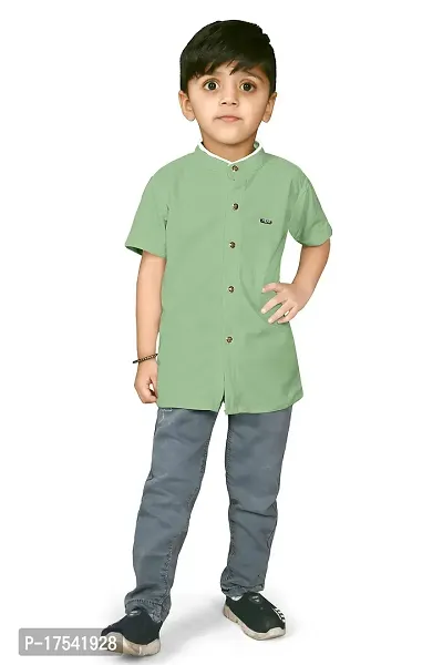 AJ BROTHERS Kids Cotton Blend Mandarin Neck Short Sleeve Regular Fit Casual Western Matty Polo Plan Fancy Shirt for Boys (Pista) (9-10 Years)-thumb0