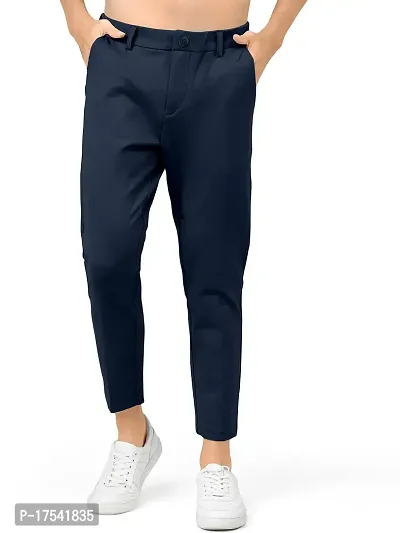 AJ BROTHERS Men's Slim Fit Track Pants Lycra Stretchable Regular Button Boot Cut/Bell Bottom Pant Lower Trousers (Navy Blue ) Size:-30