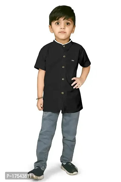AJ BROTHERS Kids Cotton Blend Mandarin Neck Short Sleeve Regular Fit Casual Western Matty Polo Plan Fancy Shirt for Boys (Black) (7-8 Years)-thumb0