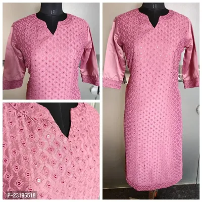 Pink chinon silk blend straight kurta with full chikankari work