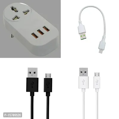 Multiport USB Charger Adapter  with 3 Pin Socket + 2 Micro USB Charging/Data Cable 1 Meter ((White  Black)+ 1 Micro USB Power Bank Charging Cable 20 Cm (White).-thumb0