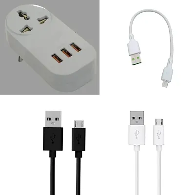 Multiport USB Charger Adapter  with 3 Pin Socket + 2 Micro USB Charging/Data Cable 1 Meter ((White  Black)+ 1 Micro USB Power Bank Charging Cable 20 Cm (White).