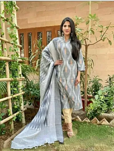 Cotton Ikat Printed Dress Material With Dupatta Set