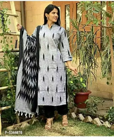 Stylish Cotton Ikkat Printed Dress Material With Dupatta Set