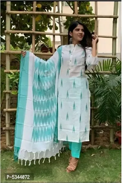 Stylish Cotton Ikkat Printed Dress Material With Dupatta Set