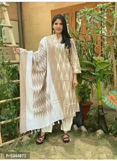 Stylish Cotton Ikkat Printed Dress Material With Dupatta Set